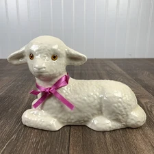 Vtg Ceramic Lionstone Pottery Laying Lamb Sheep Figurine Amber Eyes Pink Tie