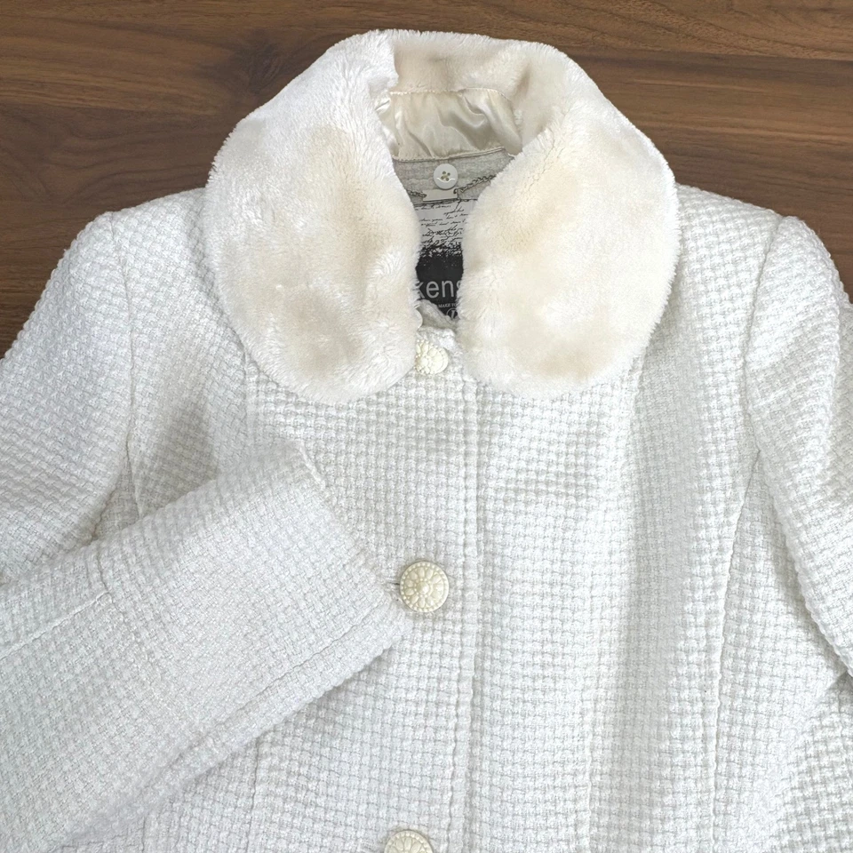 Kensie Womens Pea Coat Faux Fur Removable Collar White Peplum Waffle Knit Size L - Image 3 of 4