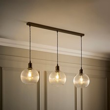 Brushed Brass Ceilign Light Fitting 3 Drop Bar Over Diner Pendant Glass Shades