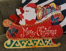 Vintage Christmas Santa Sleigh Cardboard Stand-up Display 60-70's Bright Colors!