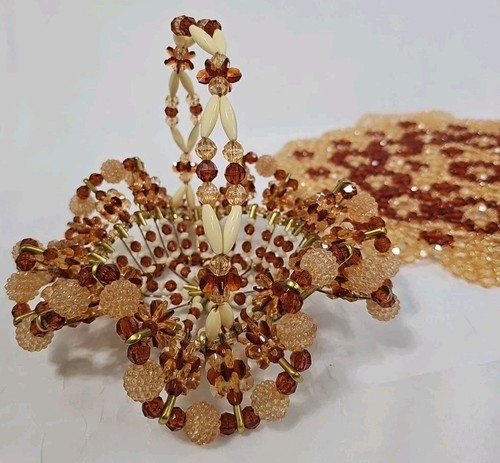 Vtg Handmade Beaded Safety Pin Basket & Doily Trivet Mat Brown Ivory Unique - Picture 2 of 16