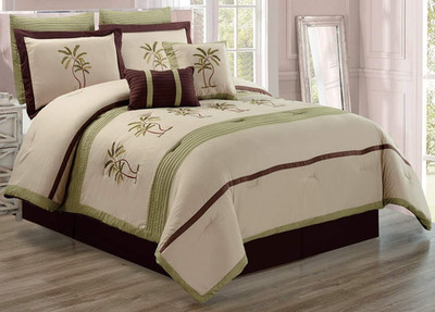 Luxury Tropical Palm Tree Comforter Set - 8 Piece Full Size Sage Green/Brown