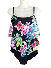 Vintage Maxine of Hollywood Black Floral One Piece Swimsuit Sz 12 flounce aloha