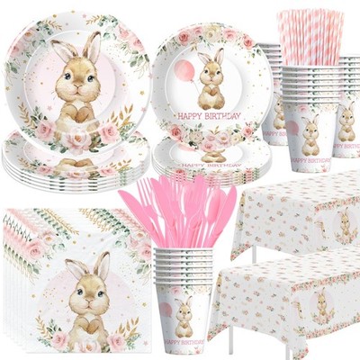 Bunny Birthday Tableware, Serves 24, Plates, Cups, Napkins, Tablecloth, Cutlery