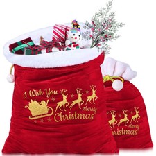 2 Pcs Santa Christmas Velvet Bags with Drawstring in 2 Size Santa Gift Bags L...