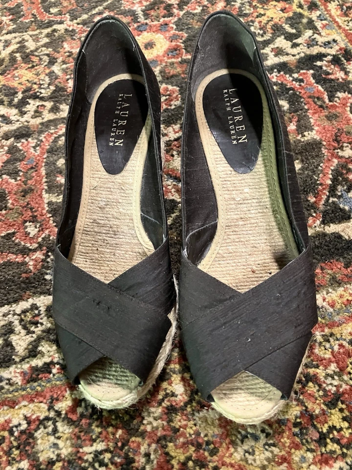 2 Pair Wedge Brown Espadrille Sz 8 Shoes: Ralph Lauren -silk; White Mtn. -canvas - Image 2 of 4