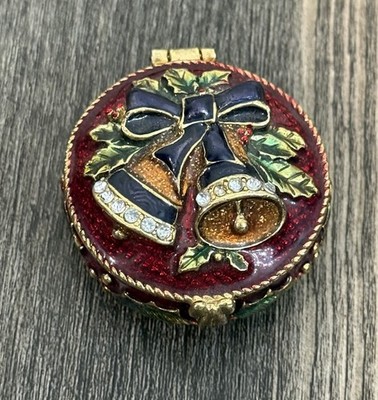 Vintage Monet Enamel Magnetic Pill Box Christmas Theme Bells