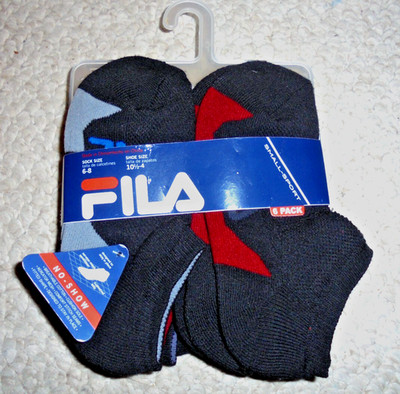 New Fila boys sock size 6-8 pack of 6 black no show socks shoe size 10.5-4