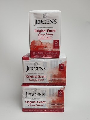 Jergens Mild Soap Original Scent Cherry Almond 3 oz Bars - 3 Packs of 2 (6 Bars)