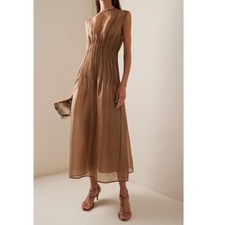 Toothpick Pleat Round Neck Sleeveless Midi Dress, S,