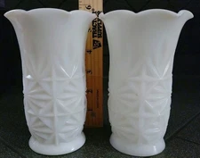 Vtg Hazel Atlas Milk Glass Vase Pineapple Star Sun Burst Pattern Ruffle Edge Set