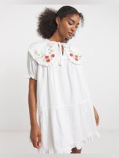 ASOS / Neon Rose Embroidered Detail Smock Dress in White
