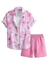 Men's 2 Piece Summer Vacation Outfits Floral Tropical Button Down Shirt and S...