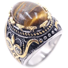 Retro Tiger Eye Stone Signet Ring Stainless Steel Men's Royal Flower Luxury Ring