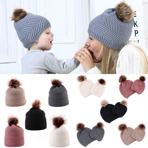 Men Womens Knit Baggy Fur Ball Beanie 