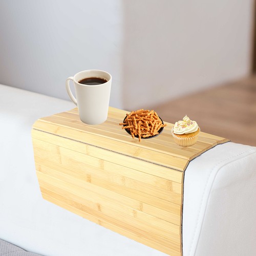 Sofa Arm Tray Bamboo Couch Arm Tray with Basket Foldable Armrest Tray wesHZ - Picture 19 of 22