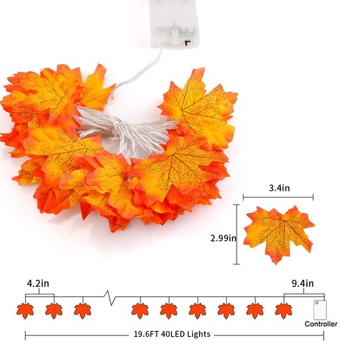 40 LED Maple Leaves Fall Lights Wreath Lighted Garland Thanksgiving Decoration - Picture 10 of 14