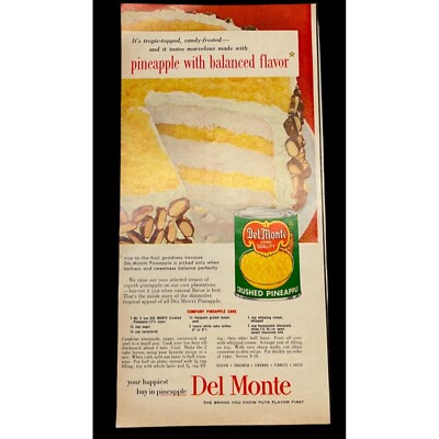 Del Monte Pineapple Vintage Color Print Ad 1950s  Cake Recipe Canned Fruit