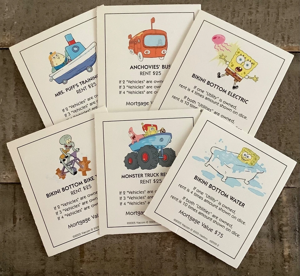 Sponge Bob SquarePants Monopoly Game Replacement Parts—50 Title & Activity Cards - Image 2 of 3
