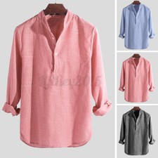 Summer Men's Collarless Vintage Striped Shirt Long Sleeve Grandad Tops Pullover