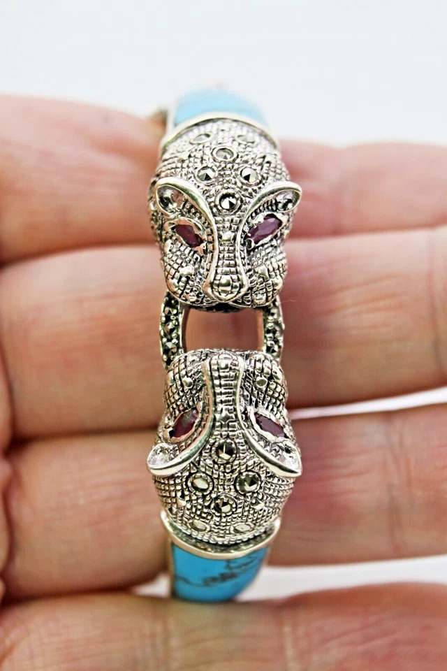 Silver Bangle Turquoise Ruby Marcasite Genuine Gems Solid Sterling 6 1/8 Inch - Image 2 of 4