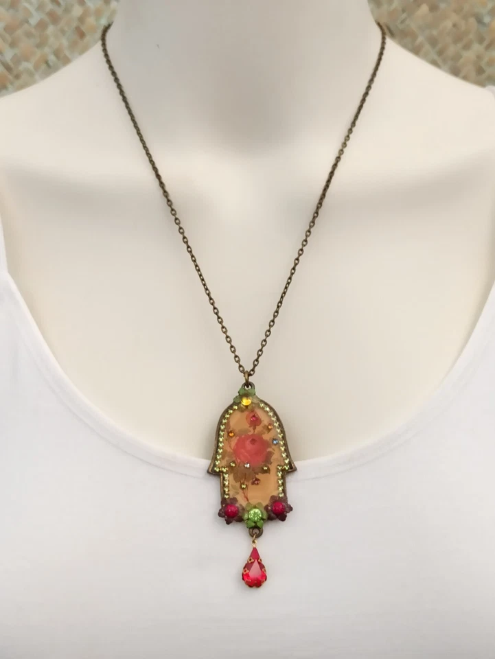 Collar Michal Negrin Hamsa Mano Grande de Fátima Rosas Rojas Cristales De Colección 19" Foto 3 de 4