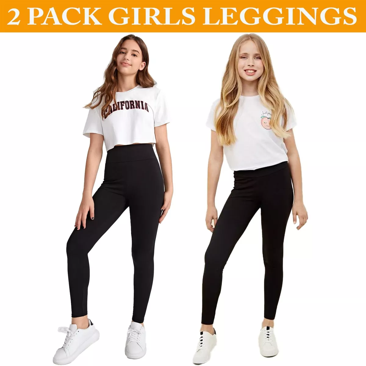 Girls Black Leggings 2 Pack Kids Childrens School Cotton Full Length All  Ages