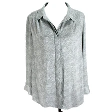 H by Halston Blouse Womens M Green White Long Sleeve Button Front Shirt Collar