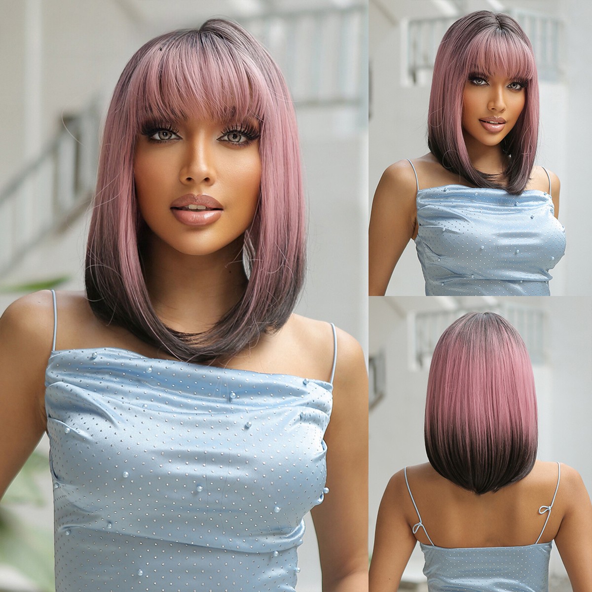 Heat Resistant Synthetic Wig Layered Straight Shoulder Length Natural Looking TuTive 22 Inch Layered Black Wig with Bangs - Natural  main image 3