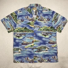 Paradise Found Shirt Mens Large Blue Islands Planes Button Up Short Sleeve