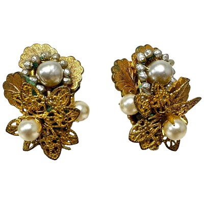 Vintage Miriam Haskell Brass Filigree Flower Faux Pearl Clip Earrings