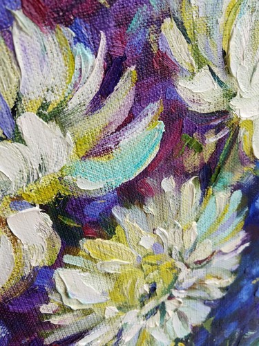 Original Oil Painting Bouquet Chrysanthemum Flowers Impressionism 30x30 cm - Picture 7 of 12