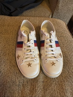 Gucci Ace Sneakers White Calfskin Bee Star Embroidered Sylvie Web EU 37.5 US 7.5