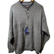 Van Heusen Henley Sweater Mens Large Gray Cotton Blend Fish Embroidered USA Made
