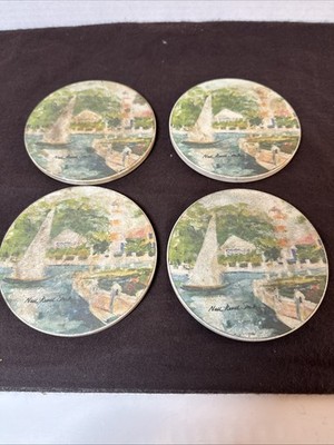 Harbor Lighthouse Sailboat Round Set of 4 Ceramic Coasters Nell River Smith