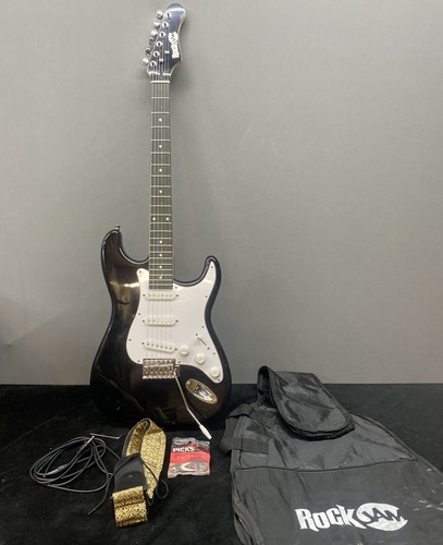 RockJam Full-Size Electric Guitar Starter Kit  Picks Case  Strap Used Black