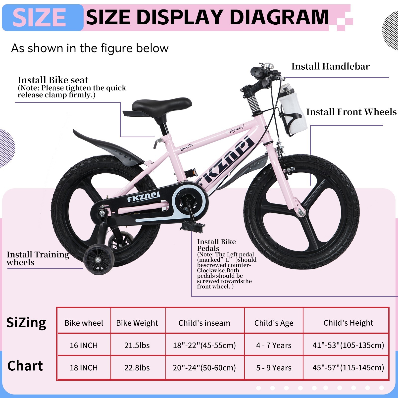18-Inch Kids Bike with Night-Glow Training Wheels for Boys & Girls,Pink