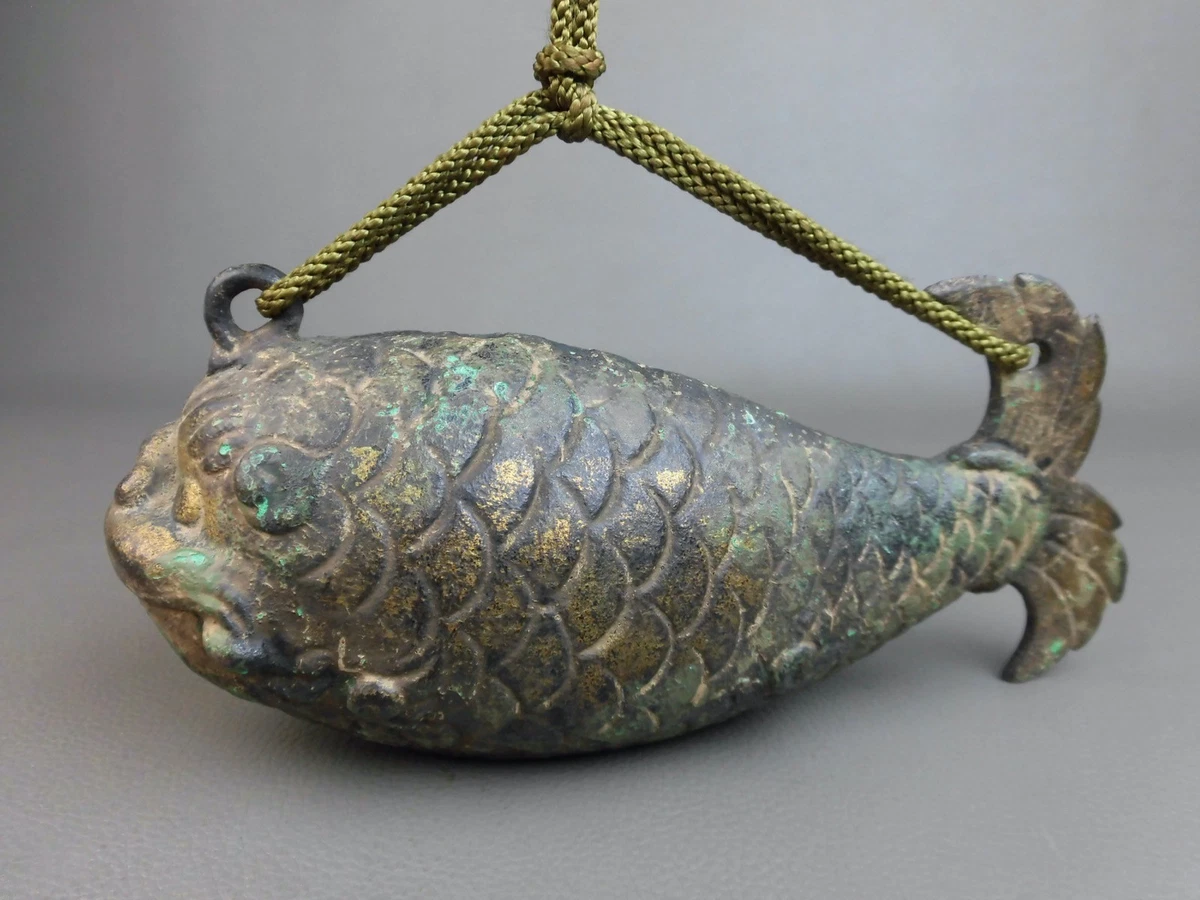 JAPANESE BELL W/ STRIKER HANGING INSTRUMENT FESTIVAL TEA ROOM IRON WOOD BOX FISH
