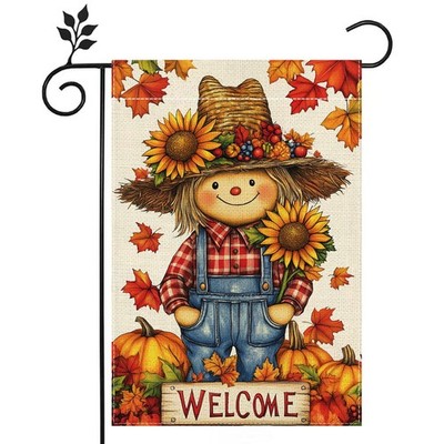 Outdoor Autumn Pumpkin Scarecrow Garden Banner, 12 x 18 Inch Double-Sided Burlap