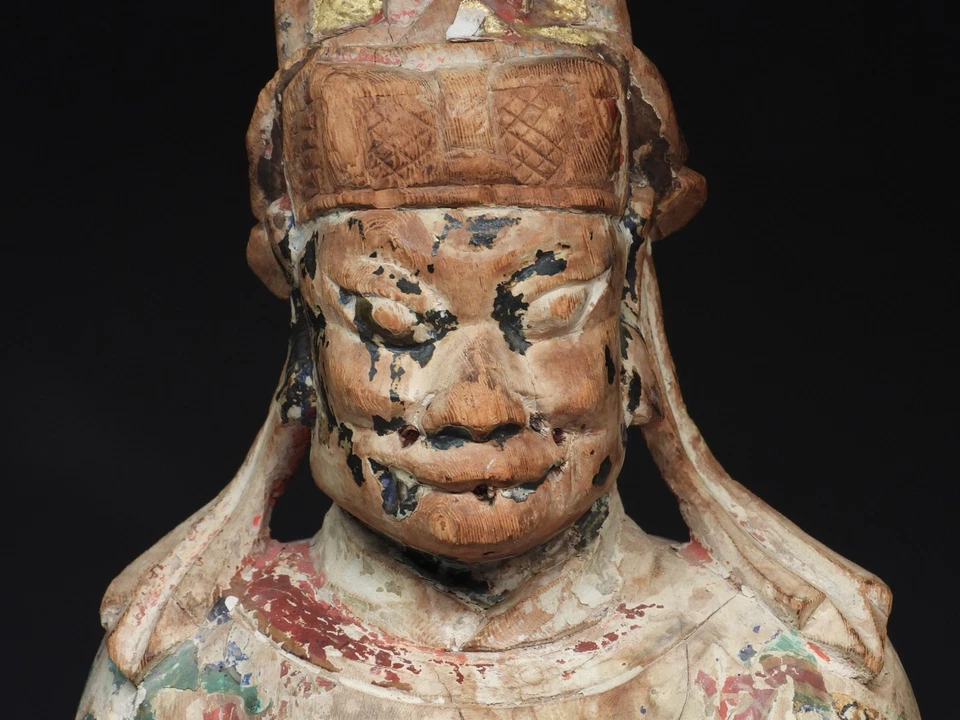 Chinese Qing Dynasty Polychrome Painted Wood Taoist Deity Buddha Statue - Image 3 of 4