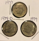 Lot of 3 / Roosevelt Dimes. 1977 P, 1978 D, and 1979 P.