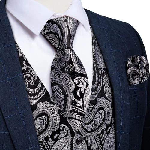 Mens Vest and Tie Set Formal Paisley X-Large Black and Silver Paisley - Image 3 of 4