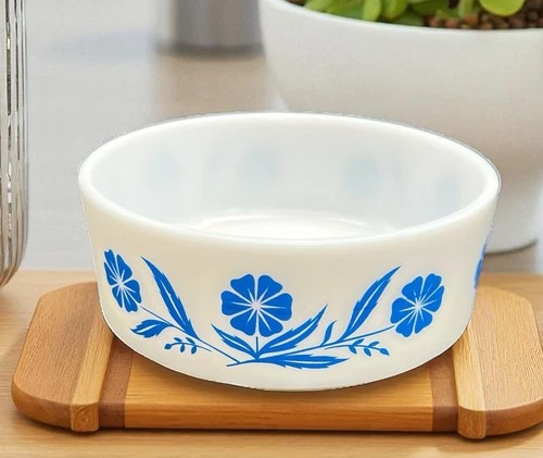 Vintage Serving Bowl, Cornflower Milk Glass Candy Dish, Hazel Atlas Blue Floral