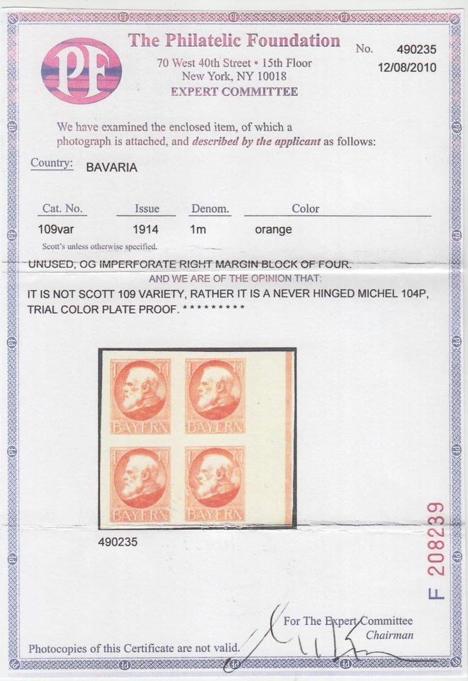 Bavaria Mi 104P MNH. 1914 1m orange King Ludwig II, orange TCP pair, PF Cert - Image 3 of 3