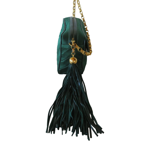 Chanel Crossbody Shoulder Bag Quilted Green Satin Leather Tassel Gold Vintage - Picture 5 of 24