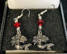 Mermaid Hook Earrings Red Dangle Silver Hooks Silver Plate Charm in Gift Box 940