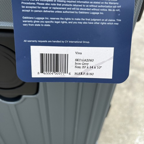 New Gabbiano Iron Gray Carry On Luggage w/ Cup Holder 8 Wheels 20 X 14