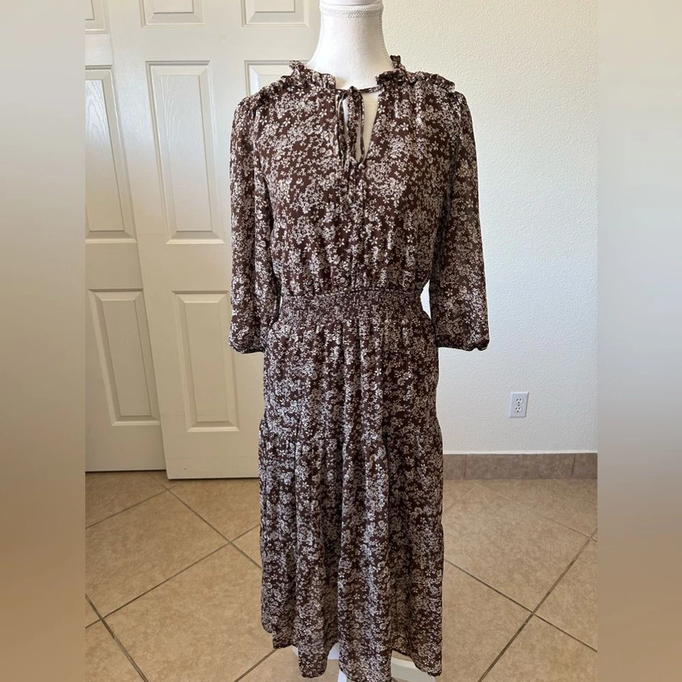 Vestido bohemio flor y pluma para mujer marrón floral pequeño manga 3/4 cuello redondo Foto 2 de 4