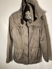 H M Womens Size S All Cotton Military Hooded Field Jacket-4 Pocket-Khaki Green