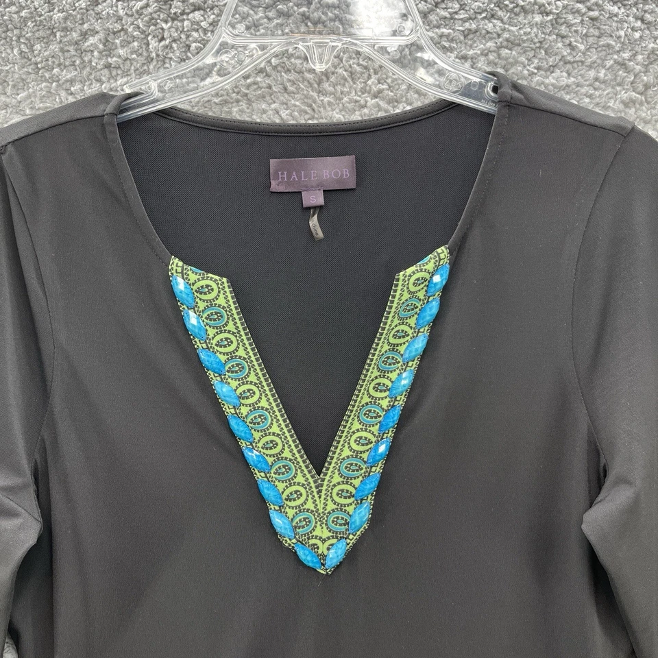 Hale Bob Dress Women Small Black Jersey Blue Beaded Neckline Party Sheath Mini - Image 2 of 4